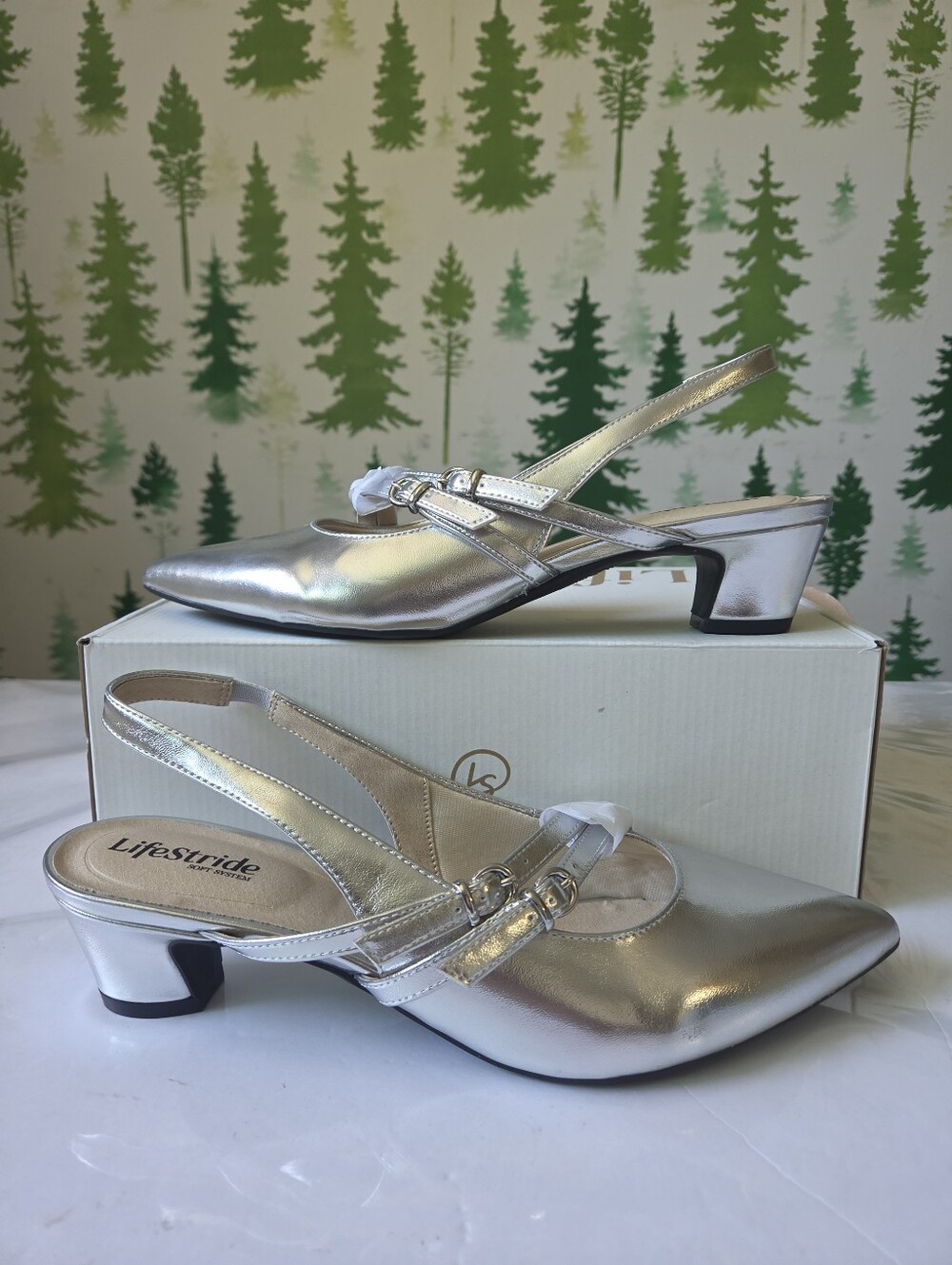 Life Stride Silver Slingback Low Heel Pumps